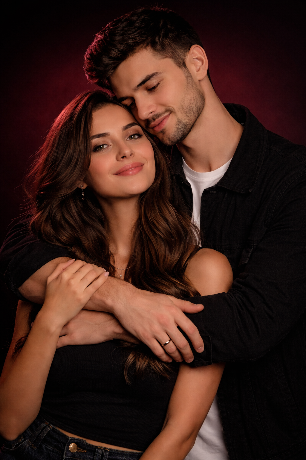 Casal em um abra&ccedil;o carinhoso com luz avermelhada