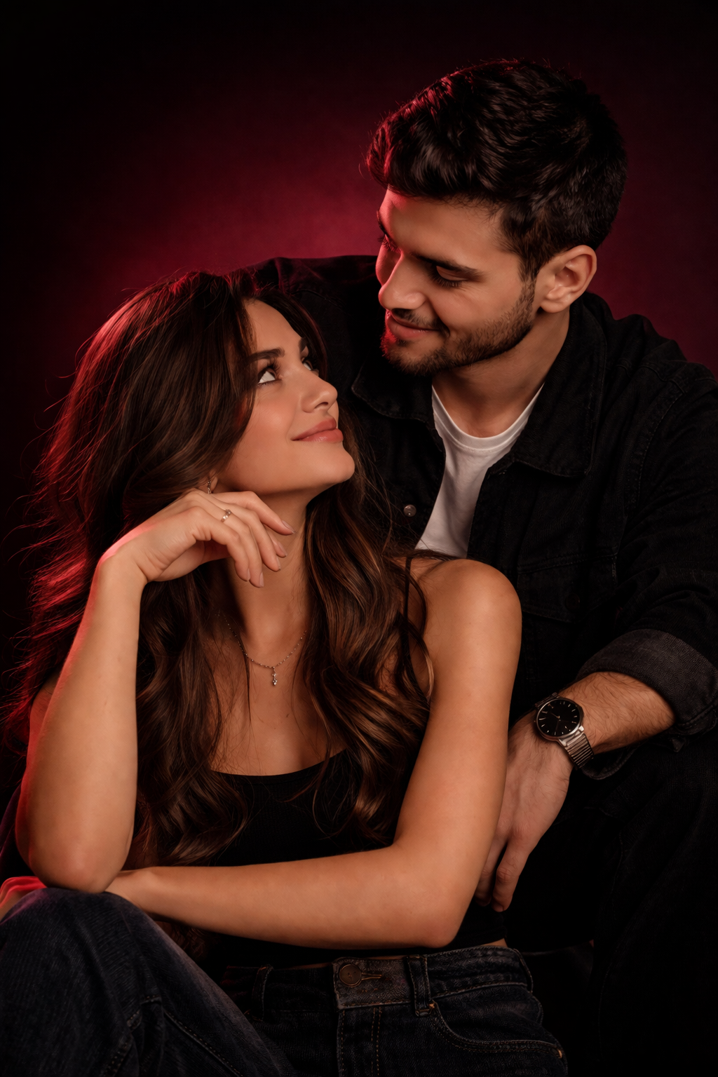 Casal trocando olhares em um retrato rom&acirc;ntico